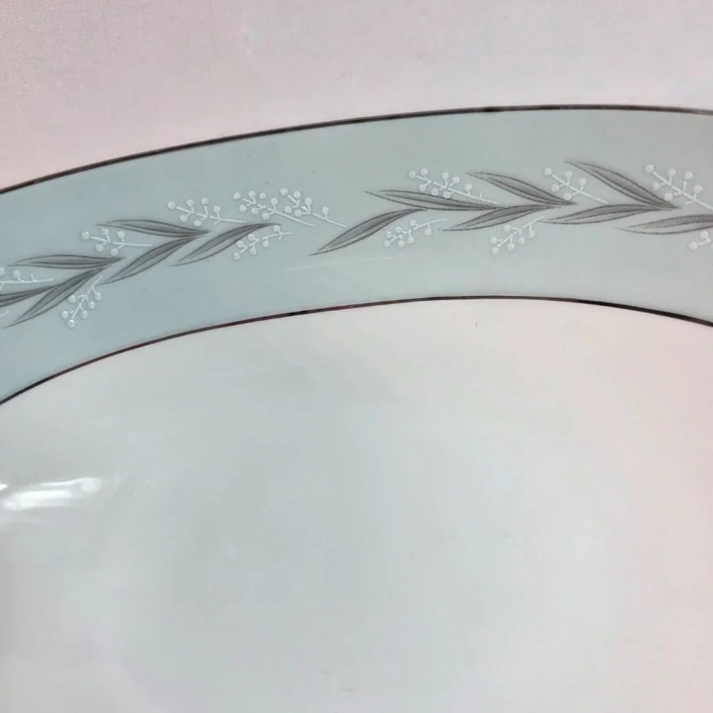 Noritake Sheldon Serving Bowl 10 Inch White with Aqua Band and White Flowers